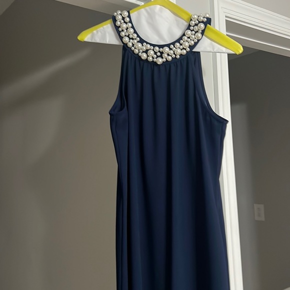maxi long sleeve blue dress Kaitlin One Shoulder Slinky And Mesh Maxi Dress - Midnight Blue